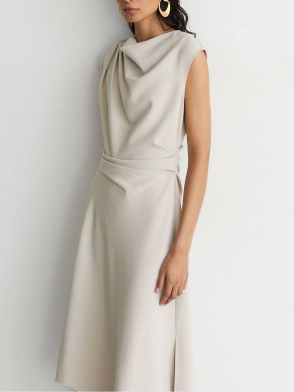 REISS Camilla Midi Dress Stone Neutral Gathered-Detail Draped - Picture 4 of 6
